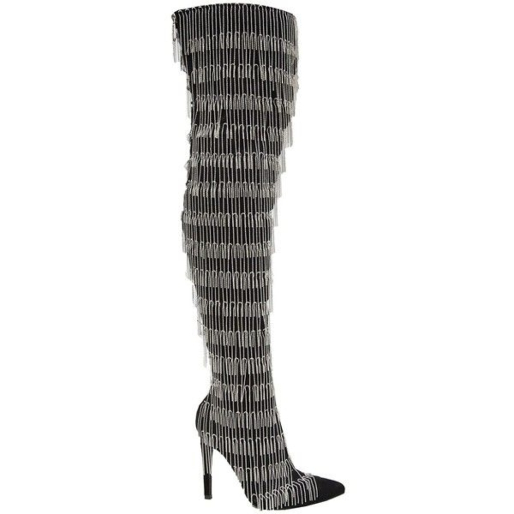 AZALEA WANG "Silver Rain" Black Over-the-Knee Silver Chained Stiletto Boot